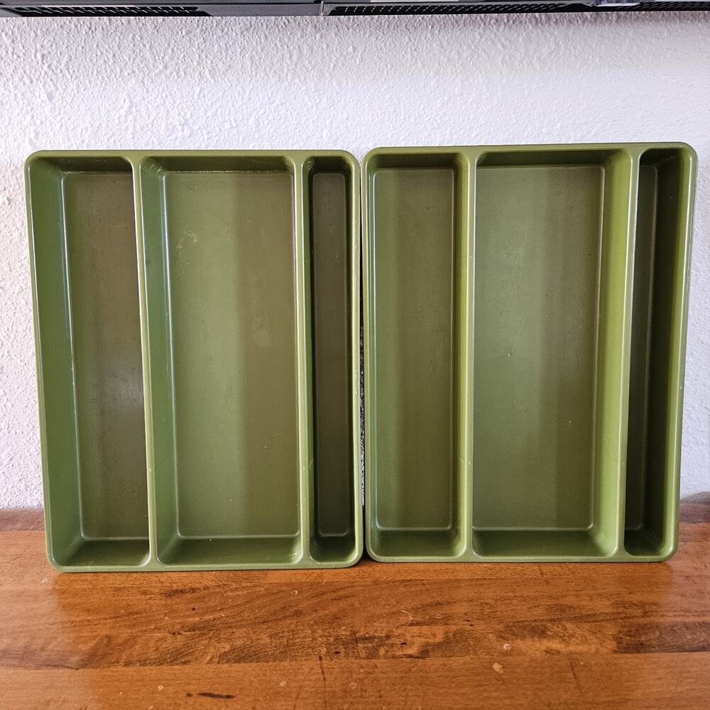 Vtg Plastic Avocado Green Drawer Utensil Silverware Organize Tray Set 2 READ